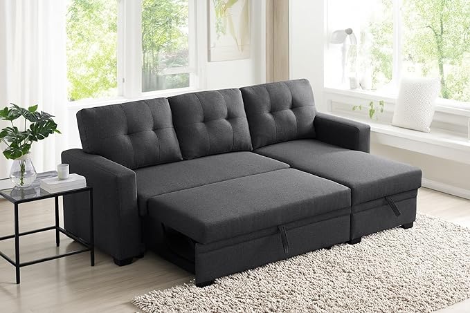 82 Inch Convertible Sleeper Sectional Sofa with Storage Chaise and Pull-Out Bed, Linen Upholstered Reversible Corner Couch, Modular L Shaped Couches for Living Room, Home Furniture, Dark Gray