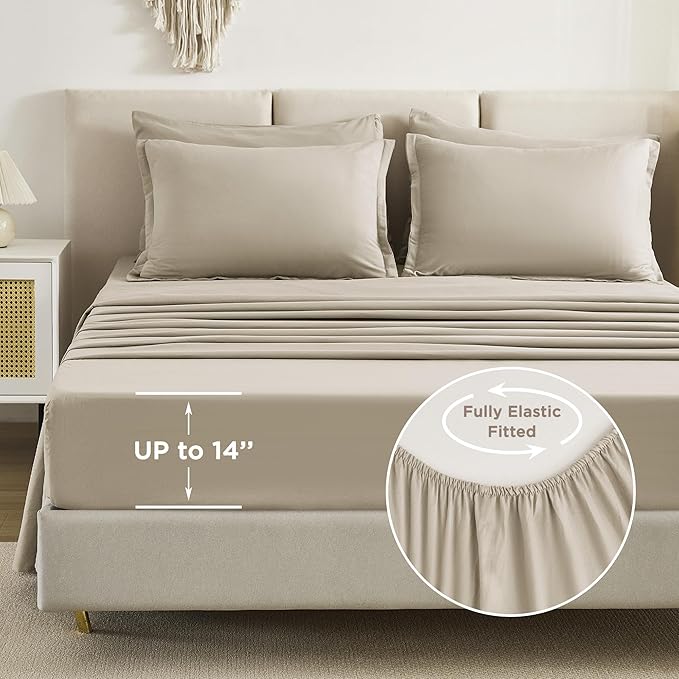 Litanika Super King Plus Comforter Sets Oatmeal - 7 Pieces Bed in a Bag Oversized King Bedding Comforter Sets, Solid Lightweight Bed Set with Comforter, Sheets, Pillowcases & Shams