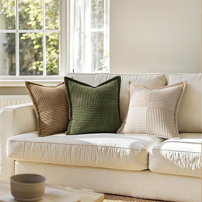 MIULEE Decorative Lumbar Throw Pillow Covers for Couch Bed Livingroom 12x24 Inch Set of 2 Beige Boho Accent Throw Pllows Broadside Striped Patchwork Soft Corduroy Pillowcases