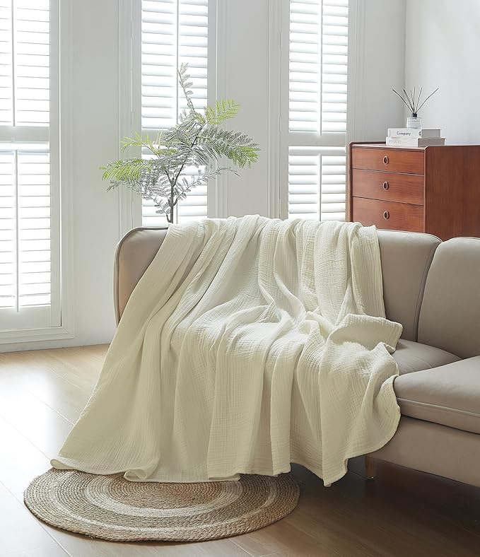 100% Cotton Muslin King Blanket (108" x 90") – A Luxuriously Soft, 4-Layer Lightweight and Breathable Gauze Blanket, Perfect for Year-Round use on beds, couches (Ivory, King)