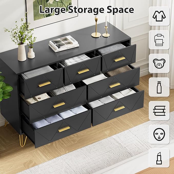 Black Dresser for Bedroom, 7 Drawer Dresser with Golden Handles, Wood Modern Chest for Hallway, Entryway