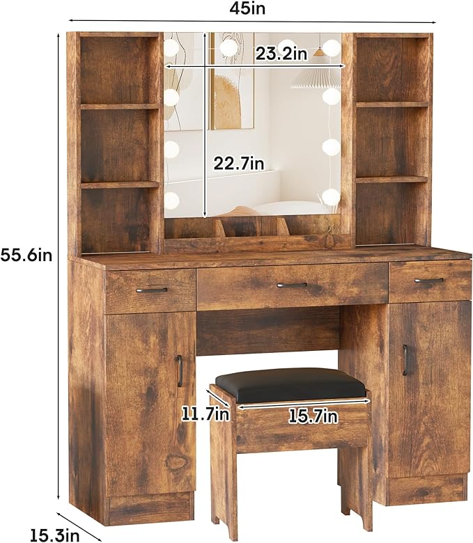 Makeup Vanity Desk with Lighted Mirror, 3 Lighting Colors, Large Vanity Set Makeup Table with 3 Drawers, 2 Cabinets and Multiple Shelves 45.2in(W)(Rustic Brown)