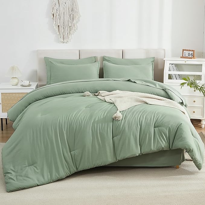 Litanika Oversized King Comforter Sets Sage Green - 7 Pieces Bed in a Bag Oversized King Bedding Comforter Sets, Solid Lightweight Bed Set with Comforter, Sheets, Pillowcases & Shams