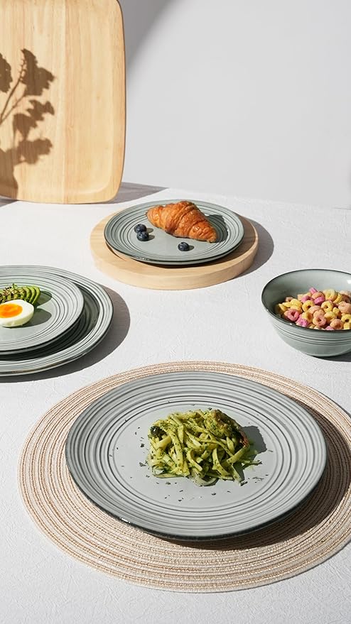 Famiware Plates and Bowls Sets 12-Piece Stoneware Dinnerware Sets, Dishes Set for 4, Hand-made Reactive Glaze Dish Set, Twilight Series, Ashy Blue