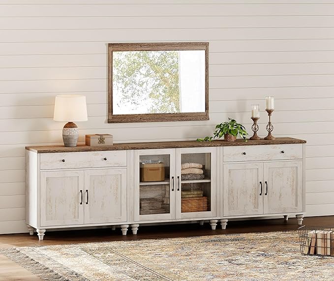 WAMPAT Farmhouse TV Stand for 100 Inch TV, 3-in-1 TV Console Table for 75/80/85/90 Inch TV, Entertainment Center with Glass & Wood Door, Kitchen Sideboard Buffet Cabinet for Living Room, Rustic White