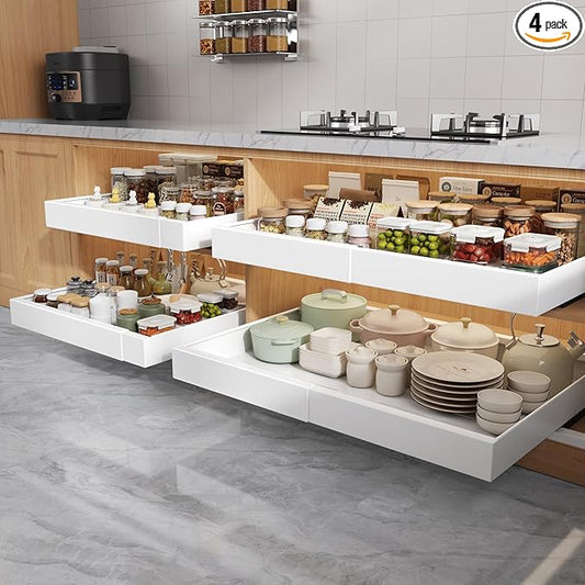 4 Pack Pull Out Cabinet Organizers 21" Deep With Raising Pad for Framed Cabinets, Expandable Width (15.2"-26.3") Slide Out Drawers Upgrade 3 Slide Rails, Roll Out Shelves Adhesive, White