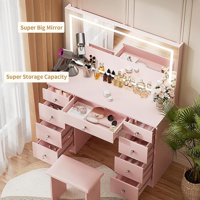 VOWNER Vanity with Lighted Mirror - Makeup Vanity Desk with Power Outlet and 9 Drawers, 3 Color Lighting Modes Adjustable Brightness, 43" Vanity Table with Soft Cushioned Stool for Bedroom, Pink