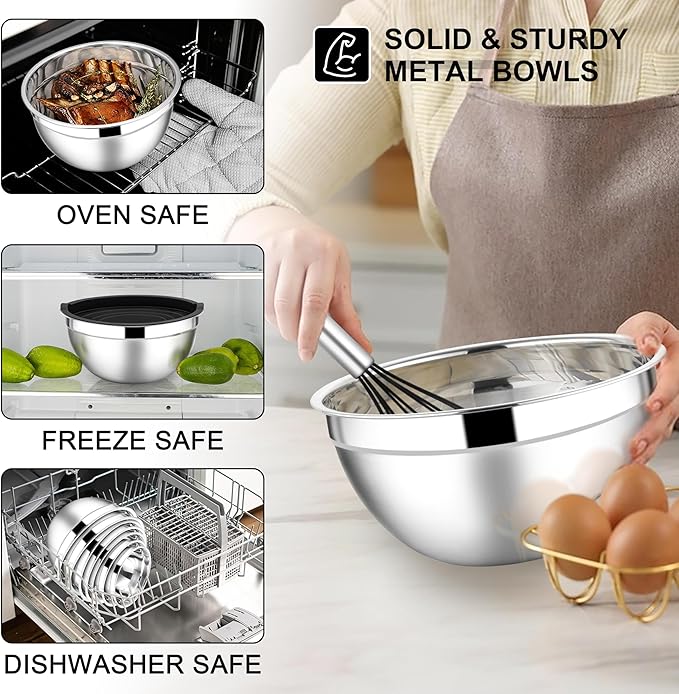 E-far Mixing Bowls with Lids Set, 21PCS Stainless Steel Salad Mixing Bowls with 3 Grater Attachments, Size 7, 4.6, 3.5, 2.6, 2, 1.5, 1QT, Nesting Design & Black Airtight Lid, For Baking/Prepping