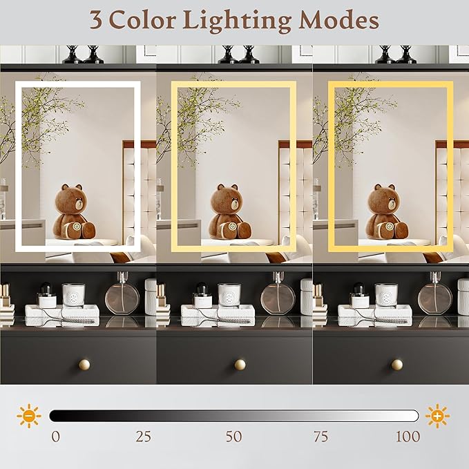 Vanity Desk with Mirror and Lights Makeup Vanity Desk with Lights 3 Colors 38" Dressing Table with Drawer and Cabinet for Bedroom Transparent Glass Top Power Outlet for Bedroom Black