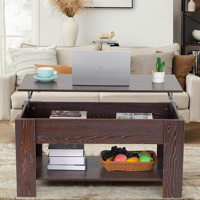 FDW Lift Top Coffee Table with Hidden Compartment and Storage Shelf Wooden Lift Tabletop for Home Living Room Reception Room Office,39.4inch,Espresso