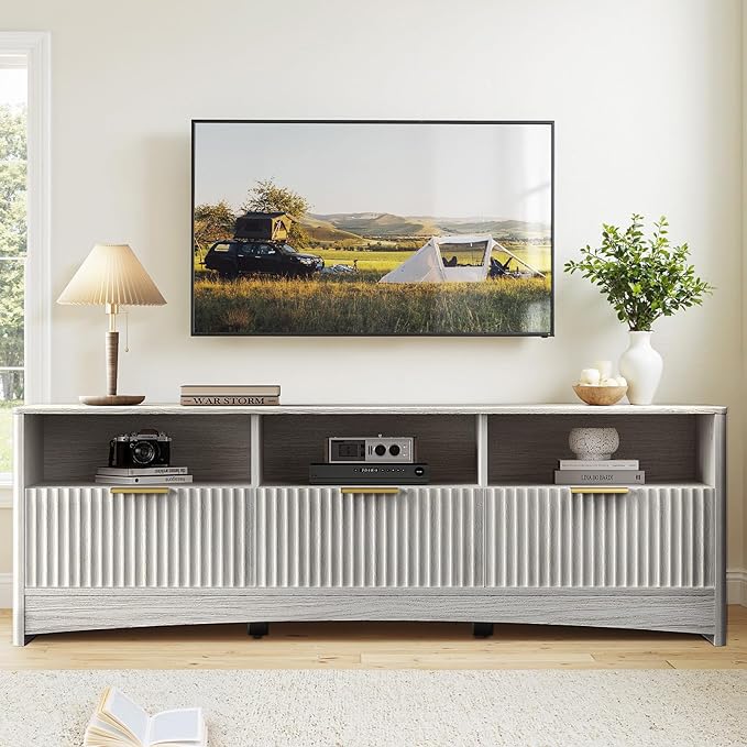 Marsail 59″ Wide TV Stand for TVs Up to 65″, Modern Entertainment Center with Fluted Panels, 3 Easy-Sliding Drawers, Open Shelves & Cable Hole, Sturdy 3-Tier TV Stands for Living Room & Bedroom, Grey