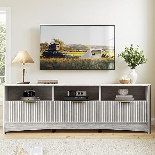 Marsail 59″ Wide TV Stand for TVs Up to 65″, Modern Entertainment Center with Fluted Panels, 3 Easy-Sliding Drawers, Open Shelves & Cable Hole, 3-Tier TV Stands for Living Room & Bedroom, Light Grey