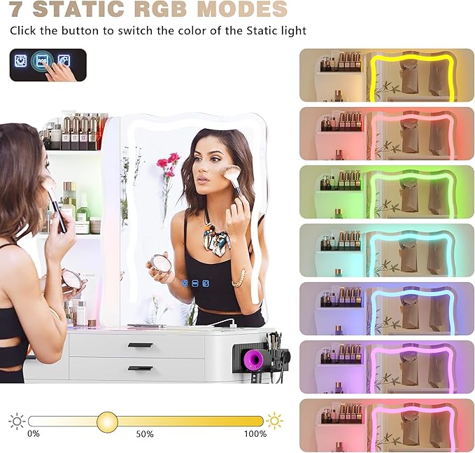 RGB Makeup Vanity Desk with Wireless Charging Station,Vanity Mirror with Lights Desk and Chair,8 Drawers,Stool,7 Dynamic and 7 Static Dimmable Vanity Table with Glass Desktop