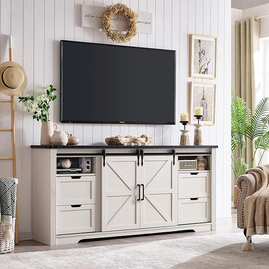 Farmhouse TV Stand for 75+ Inch TV, 32" Tall Entertainment Center w/4 Drawers & Sliding Barn Door, Rustic Media Console w/Storage Shelves, 66" Wood Television Stand for Living Room, Off White