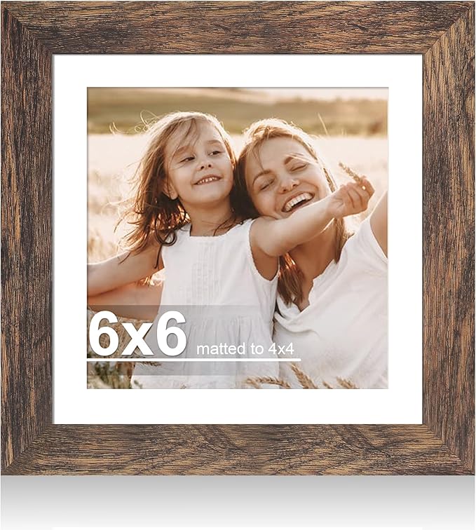6x6 Picture Frame with Glass, Display Pictures 4x4 with Mat or 6 x 6 without Mat - Wall and Tabletop, 6 by 6 Photo Wooden Frames (Rustic Brown, 1 Pack)