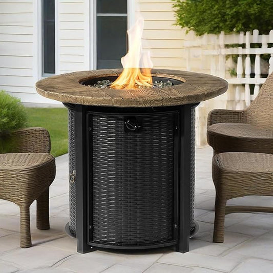 30" Propane Gas Fire Pit Table, 50000 BTU Imitation Wood Grain Finish Round Steel Fire Pit with Lid & Glass 2 in 1 Fire Pit Table Rock for Outside Patio Deck Garden Courtyard