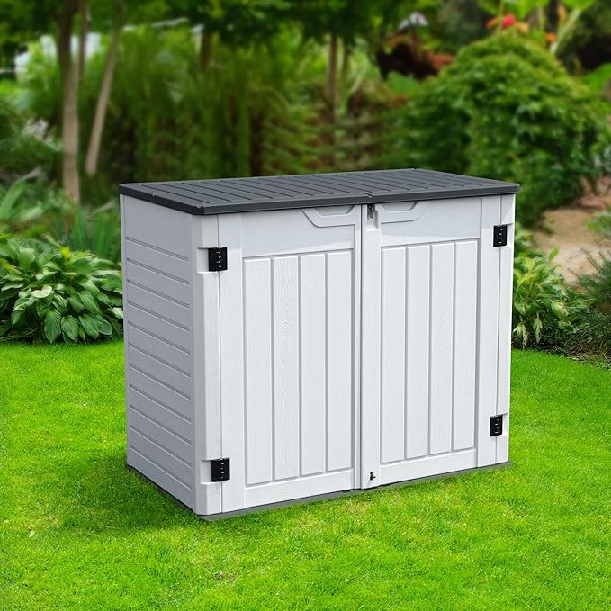 YITAHOME 35 Cu Ft Horizontal Weatherproof Storage Shed Without Shelves, Outdoor Lockable Resin Unit for Tools and Gear, Simple Assembly (Light Gray)