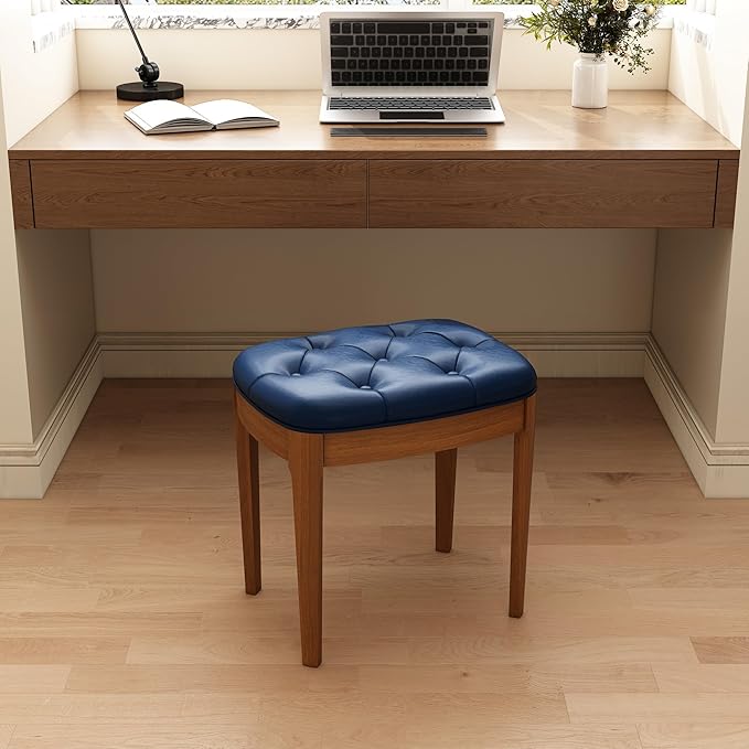 Solid Wood Button Tufted Vanity Stool, Ottoman Stool with Wood Legs & Padded Seat PU Leather Upholstered Piano Bench with Non-Slip Foot Pads Accent Stool for Bedroom Entryway, Blue