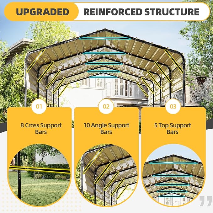 EROMMY 14x20 FT RV Metal Carport, Heavy Duty Carports with Reinforced Steel Frame, Weather-Resistant Galvanized-Steel Roof Shelters, Outdoor Car Shed for 2 Vehicles, Truck, Boat and SUV, Gray