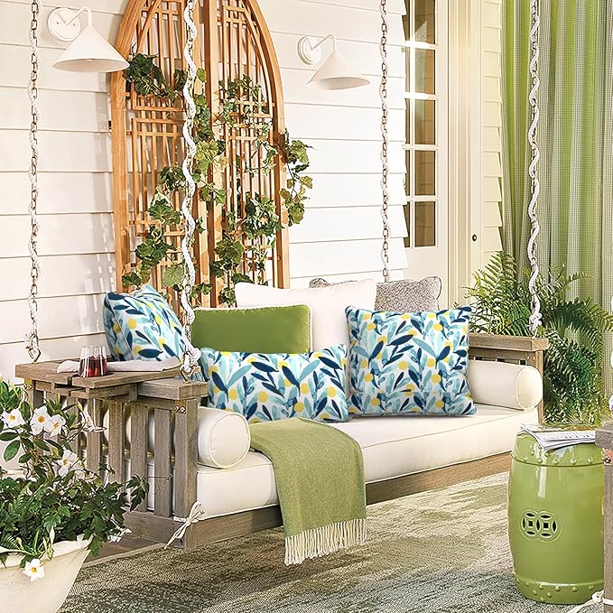 LVTXIII Outdoor/Indoor Lumbar Pillows, Decorative Patio Lumbar Cushions, Fluffy Water Repellent Garden Cushions for Home Patio Coach Sofa Use, 12×20 Inch, Pack of 2, Leaves Multi