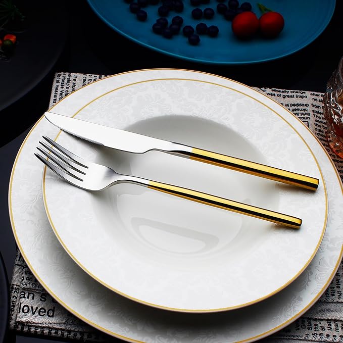 24 Piece Silverware Set For 6 Gold Handle Heavy duty 18/10 Stainless Steel Flatware Set Modern Design Knife/Fork/Spoon Mirror Polished Dishwasher Safe Cutlery Set with Gifts