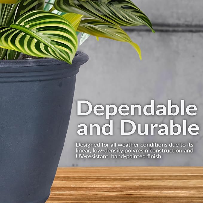 Sunnydaze 24-Inch Anjelica Large Plastic Pot for Plants - Double-Walled Outdoor Polyresin Round Planter Porch Pot with Drillable Drainage Holes - Slate - 4pk