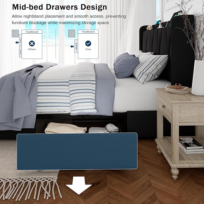 Full Size Bed Frame with 4 Large Storage Drawers, Upholstered Platform Bed with Charging Station, Modern Wingback Storage Headboard, Easy Assembly,Noise-Free, Black