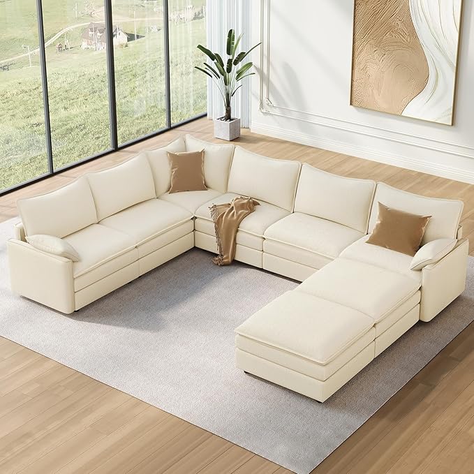 Vesgantti Large Modular Sectional Sofa, Big Comfy Cloud Couch with Ottoman Deep Seat Chenille Cloud Sofa, 8 Seater Large Sectional Couches for Living Room, Bedroom and Apartment, Beige
