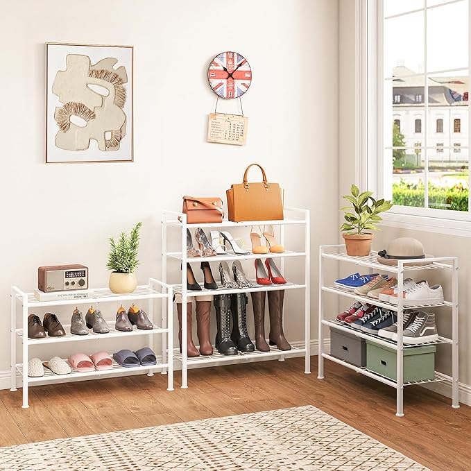 DongRong 4-Tier Shoe Rack,Metal White Shoe Storage Organizer Shelf for Closet,Entryway,Hallway,Dorm (White, 4 Tier)