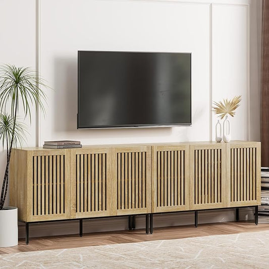 Farmhouse TV Stand for TVs up to 100 inch, 2 in 1 Entertainment Center TV Console with Storage Cabinets and Metal Base,Media Console for Living Room,Oak