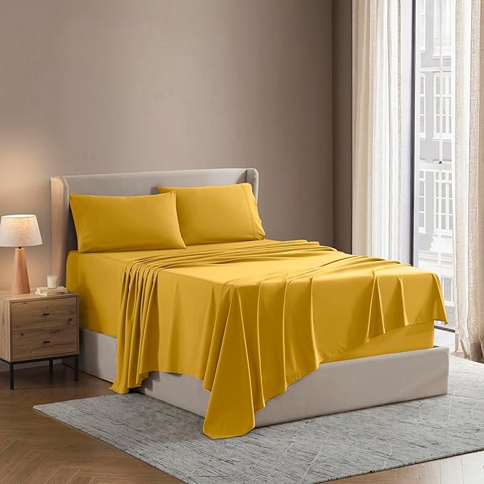 Nestl Split King Sheet Set - 1800 Ultra-Soft Microfiber Bed Sheets - Double Brushed - Deep Pockets - Easy Fit - 5 Piece Set - Bed Sheets & Pillowcases (Split King Size, Yellow)