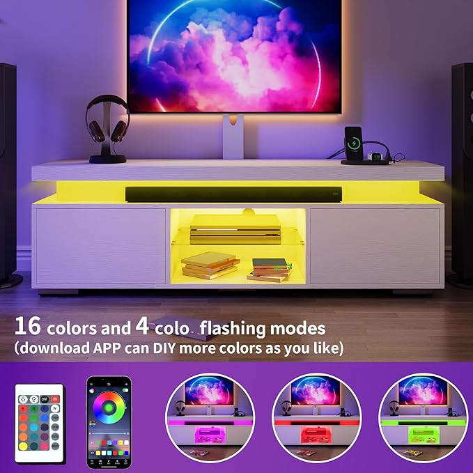 YITAHOME White TV Stand for Living Room, LED Entertainment Center with Storage, Height-Adjustable Mount TV Stand for 70/65 Inch TVs, Media Cabinet with LED Lighting and Charging Ports, White