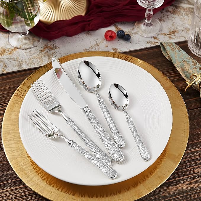 KEAWELL Premium Versailles Silverware Set, 45-Piece flatware set for 8, 18/10 Stainless Steel, Heavy-Duty, Mirror Polished, Royal Engraved Handle, For Formal Dining, Dishwasher Safe (45, Silver)