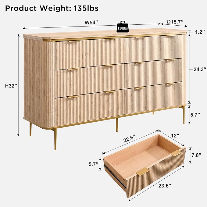 T4TREAM 6-Drawer Dresser Fluted Design, with Gold Accents (Natural Oak)