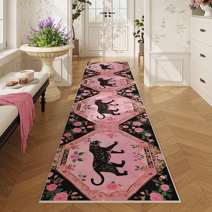 Runners for Kitchen Runner Rug Non Slip 2'x10' Long Washable Rugs with Rubber Backing Soft Retro Lavish Leopard Animal Carpet Runner for Kitchen, Laundry, Bedroom, Bathroom (Black Pink)
