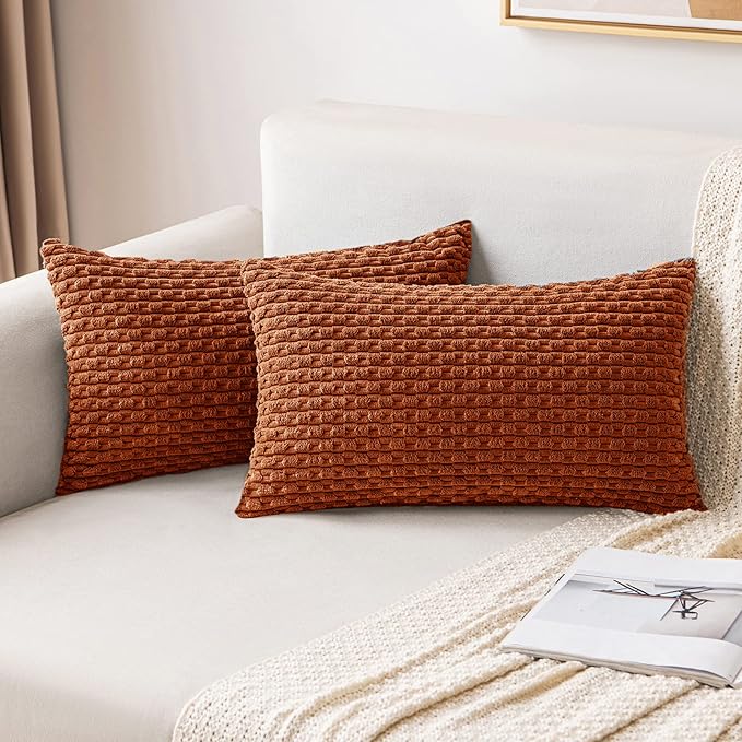 MIULEE Fall Rust Throw Pillow Covers Soft Corduroy Decorative Set of 2 Boho Striped Pillow Covers Pillowcases Farmhouse Home Decor for Couch Bed Sofa Living Room 12x20 Inch