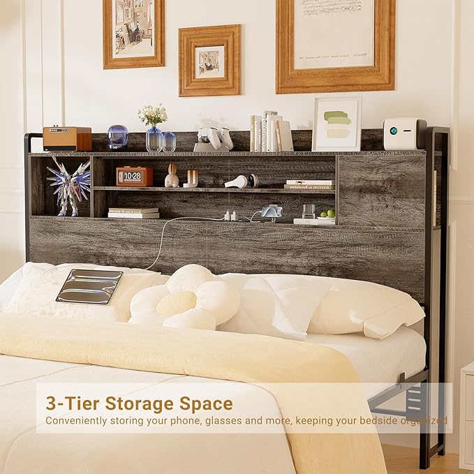 Unikito Headboard for Queen Size Bed, Bookcase Style Head Board with Power Outlet and RGB LED Light, Reversible Headboard with Storage, Height Adjustable, Sturdy and Stable, Queen Size, Black Oak