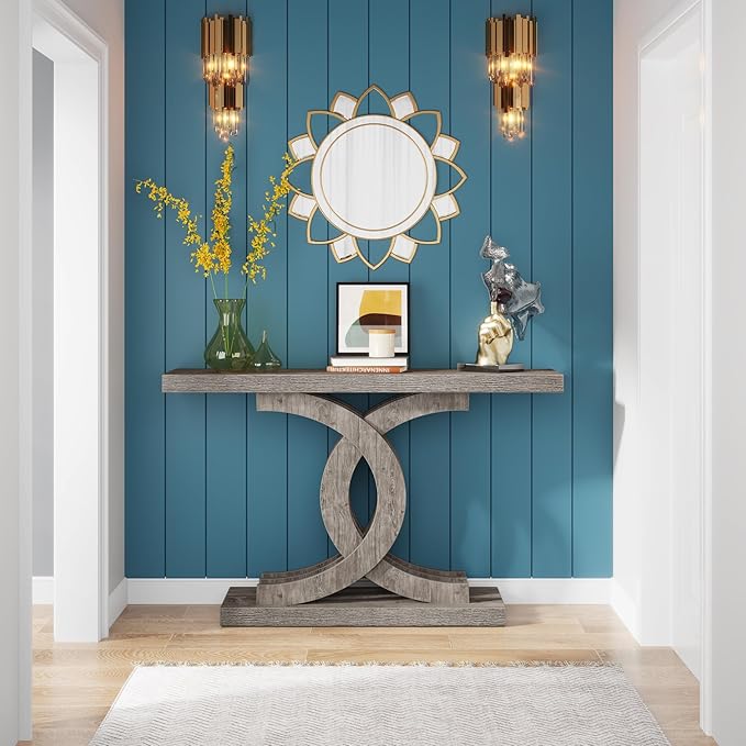 Console Tables Modern Farmhouse 39-inch Entryway Table with Geometric Base, Wooden & Metal Hallway Table for Entrance, Living Room (Grey)