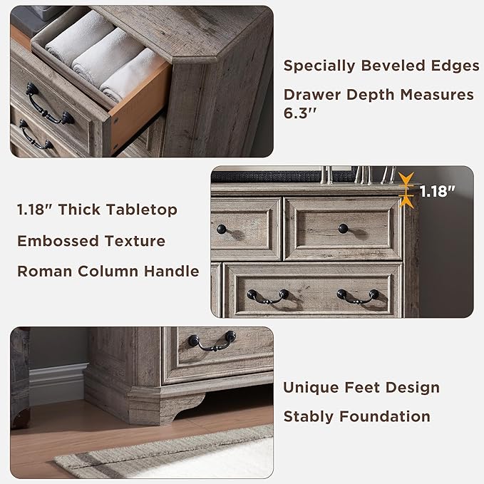 T4TREAM Farmhouse 7 Drawers Dresser for Bedroom, 54" Wide Wood Rustic Chest of Drawers with Natural Texture, Vintage Design, Storage Dressers Organizer for Bedroom, Living Room Light Rustic Oak