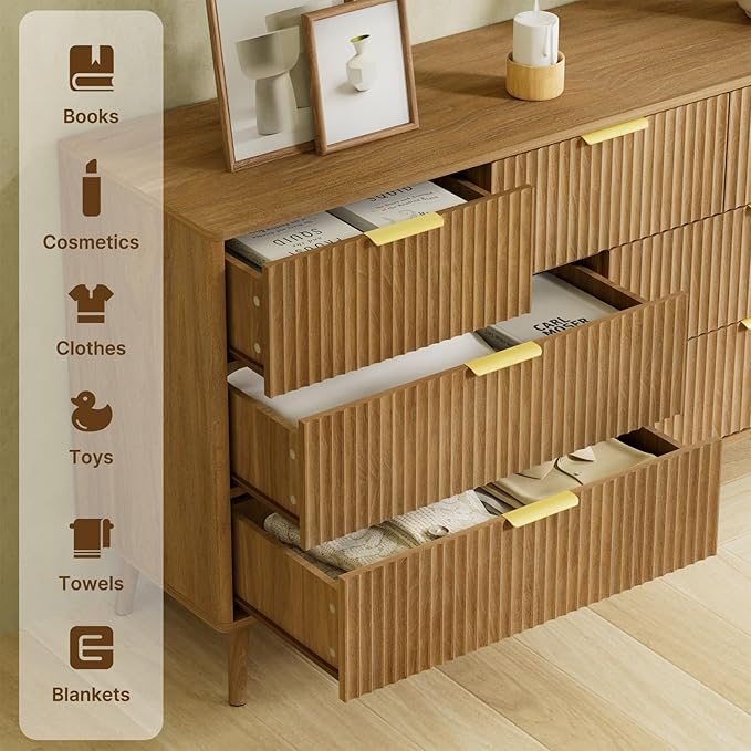 LYNSOM 55" Wide Fluted Dresser for Bedroom with 7 Drawer, Modern Chest of Drawers with Curved Profile Design and Metal Handles, Wood Dresser TV Stand & Storage Organizer for Living Room, Natural Oak