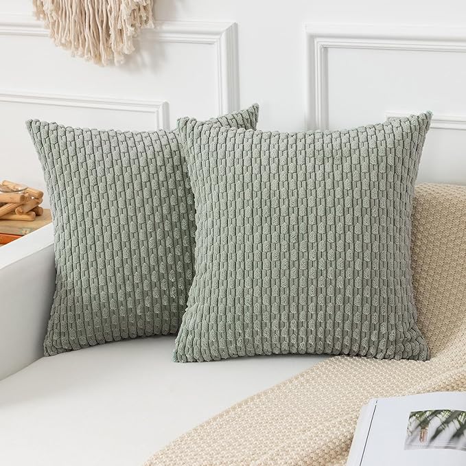 Kevin Textile Throw Pillow Covers Soft Corduroy Decorative Set of 2 Boho Striped Pillow Covers Pillowcases Farmhouse Home Decor for Couch Bed Sofa Living Room 24x24 Inch Greyish Green