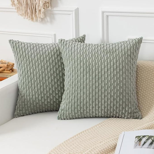 Kevin Textile Throw Pillow Covers Soft Corduroy Decorative Set of 2 Boho Striped Pillow Covers Pillowcases Farmhouse Home Decor for Couch Bed Sofa Living Room 24x24 Inch Greyish Green