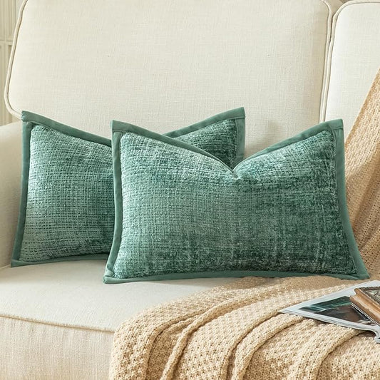 Yaertun Pack of 2 Chenille Textured Decorative Throw Pillow Covers Accent Solid Cushion Cover Soft Cozy Pillow Case with Velvet Back for Couch Sofa Bed Living Room 12x20 Inch Teal