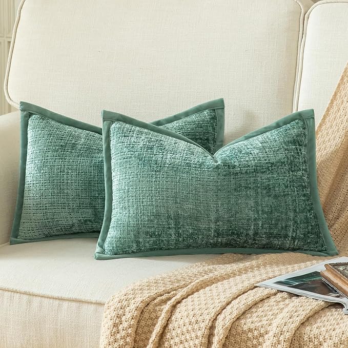 Yaertun Pack of 2 Chenille Textured Decorative Throw Pillow Covers Accent Solid Cushion Cover Soft Cozy Pillow Case with Velvet Back for Couch Sofa Bed Living Room 16x24 Inch Teal