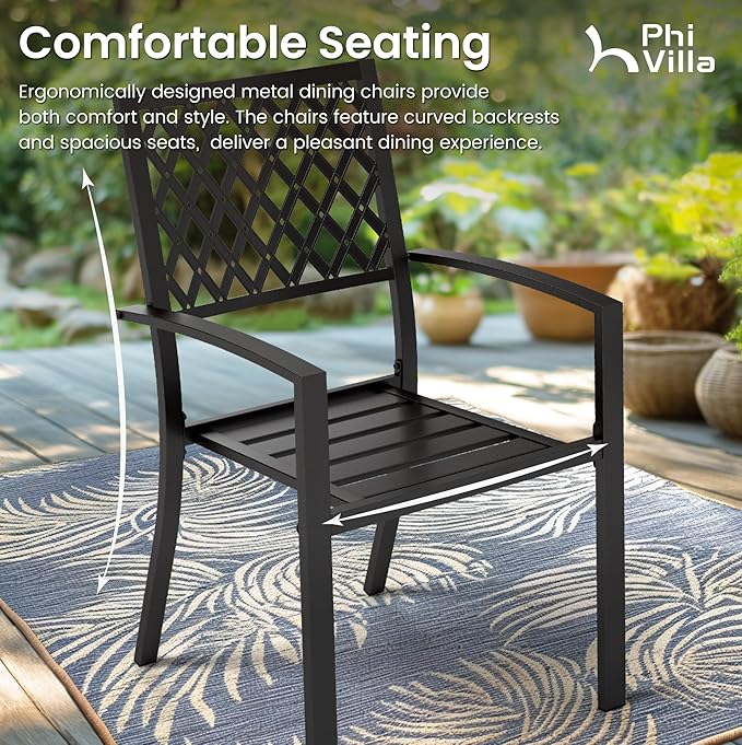 PHI VILLA 9 Piece Patio Dining Set, Metal Outdoor 60'' Square Table Furniture Set with 6 Backyard Armrest Stackable Chairs, Table with 1.57'' Umbrella Hole for Patio, Deck, Black