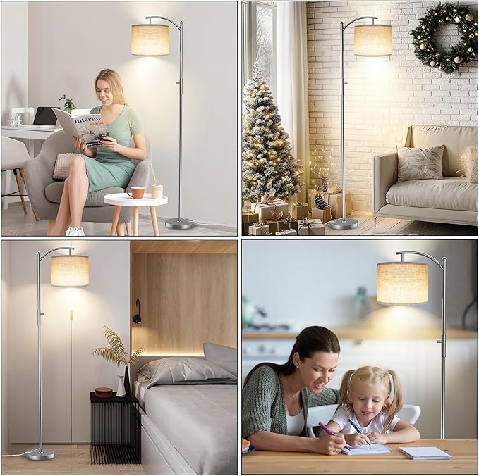 ROTTOGOON Dimmable Floor Lamp, Arc Floor Lamps for Living Room, Stepless Dimming Modern Standing Lamp with Linen Shade, Tall Lamp for Bedroom Office Dining Room- Silver
