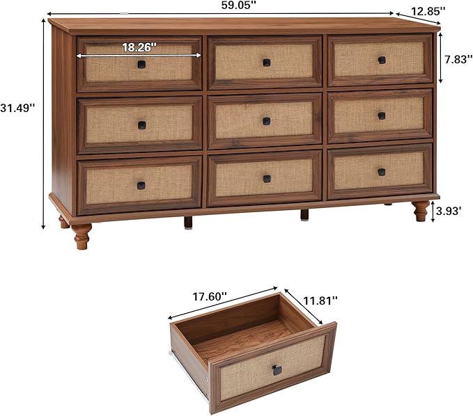 9 Drawer Dresser for Bedroom, Mid Century Modern Wide Wood Rustic Chest of Drawers Wooden Storage Organizer Dressers with Burlap Rattan Drawers for Living Room, Hallway Closet, Entryway, Walnut