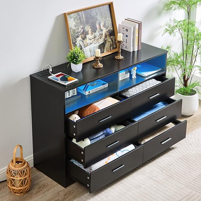 LIDYUK Dresser for Bedroom, Wood Dresser with 6 Drawers, Modern Minimalist Dressers & Chest of Drawers with Charging Station & LED Lights, 48 Inches TV Stand for Bedroom, Living Room, Black