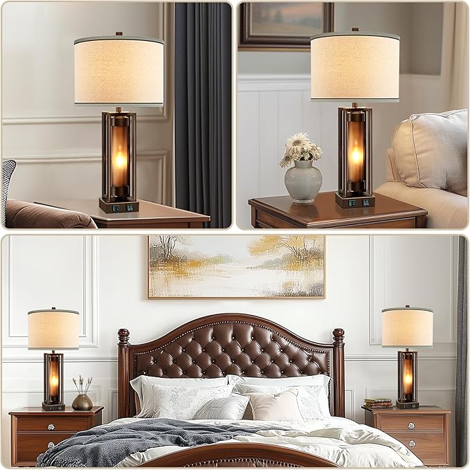 RORIANO Rustic Table Lamps for Living Room with USB C+A Ports, Farmhouse Vintage Nightstand Lamp with Amber Acrylic Night Light, Retro Desk Lamp for Bedroom Entryway Dorm, 2 Bulbs Included (Brown)