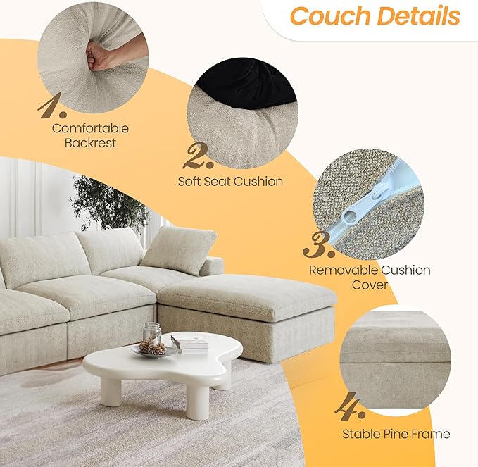 JACH V Shape Couch Sectional for Living Room, Deep 5-Seats Modular Convertible Sofa, Couch Cushion Covers Removable, Cloud Sofas with Chaise Ottoman for Living Room, Apartment (Khaki)